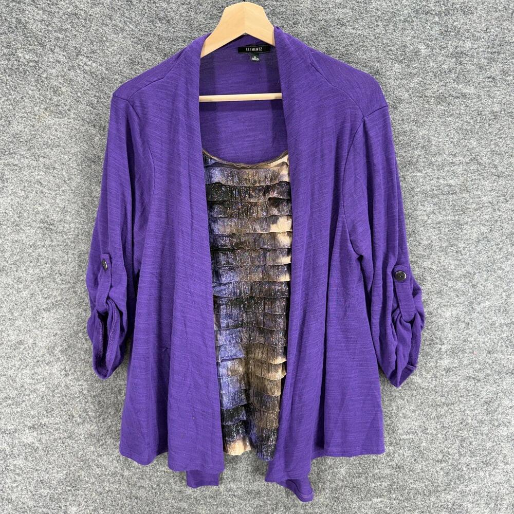 Elementz Top Women XL Purple 3/4 Sleeve Ruffle Round Neck Casual Solid